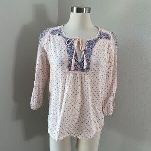 Lucky Brand Womens Medium Embroidered Peasant Blouse Tassel‎ Tie Neck Shirt Top